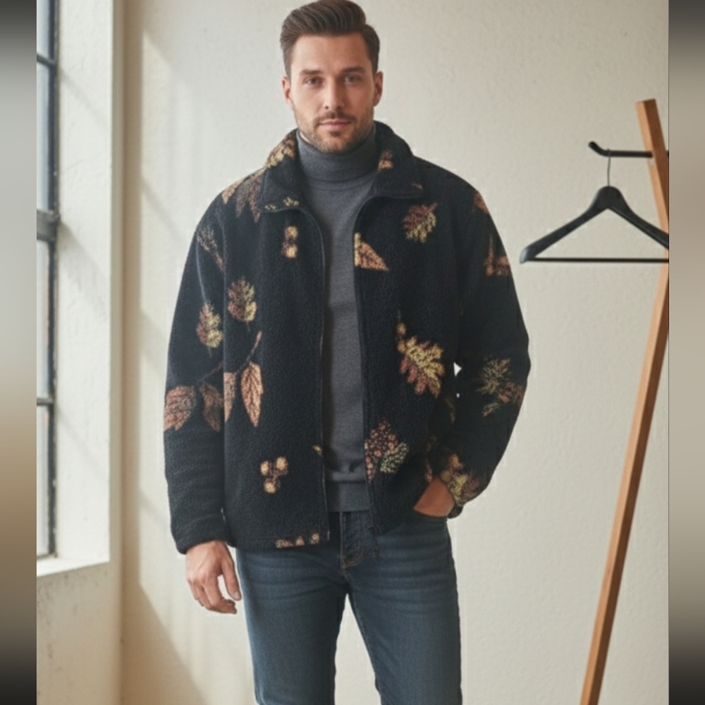 VTG George Vine Sherpa /Men's Fleece Jacket – Leaf Print –Size M Made In USA 80s